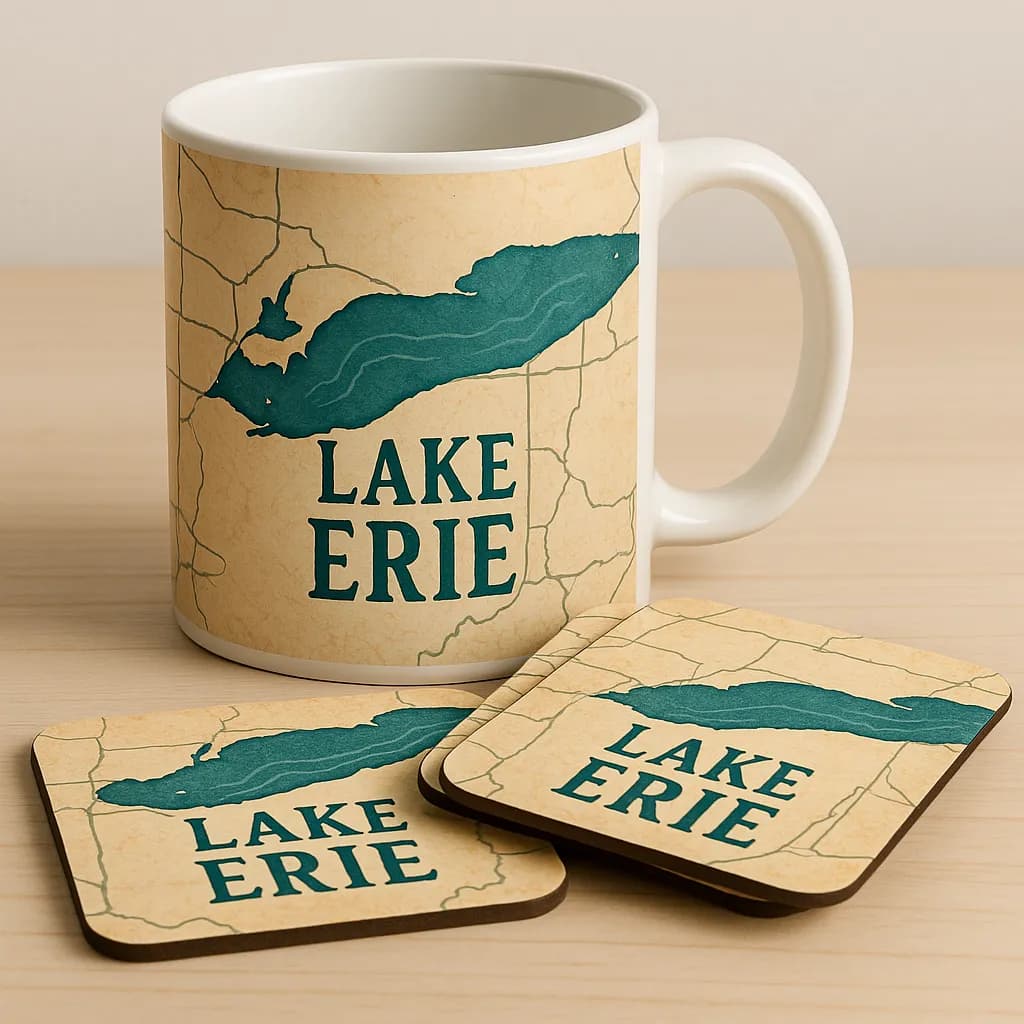 Lake Erie Map Mug and Coaster Set: A Decorative Tribute to Nature's Beauty