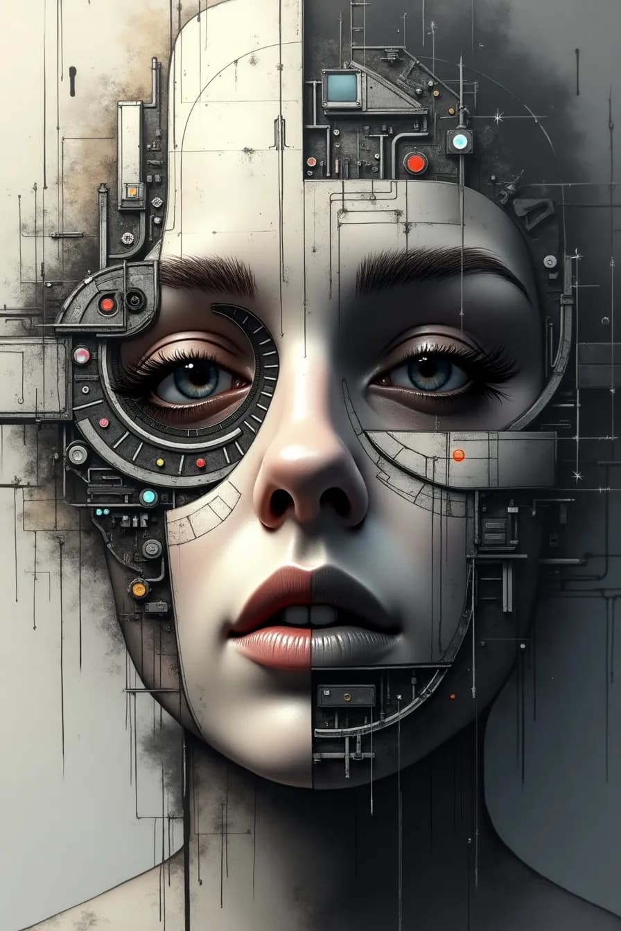 Futuristic Fusion: A Portrait of Technology and Humanity in Abstract Contrast