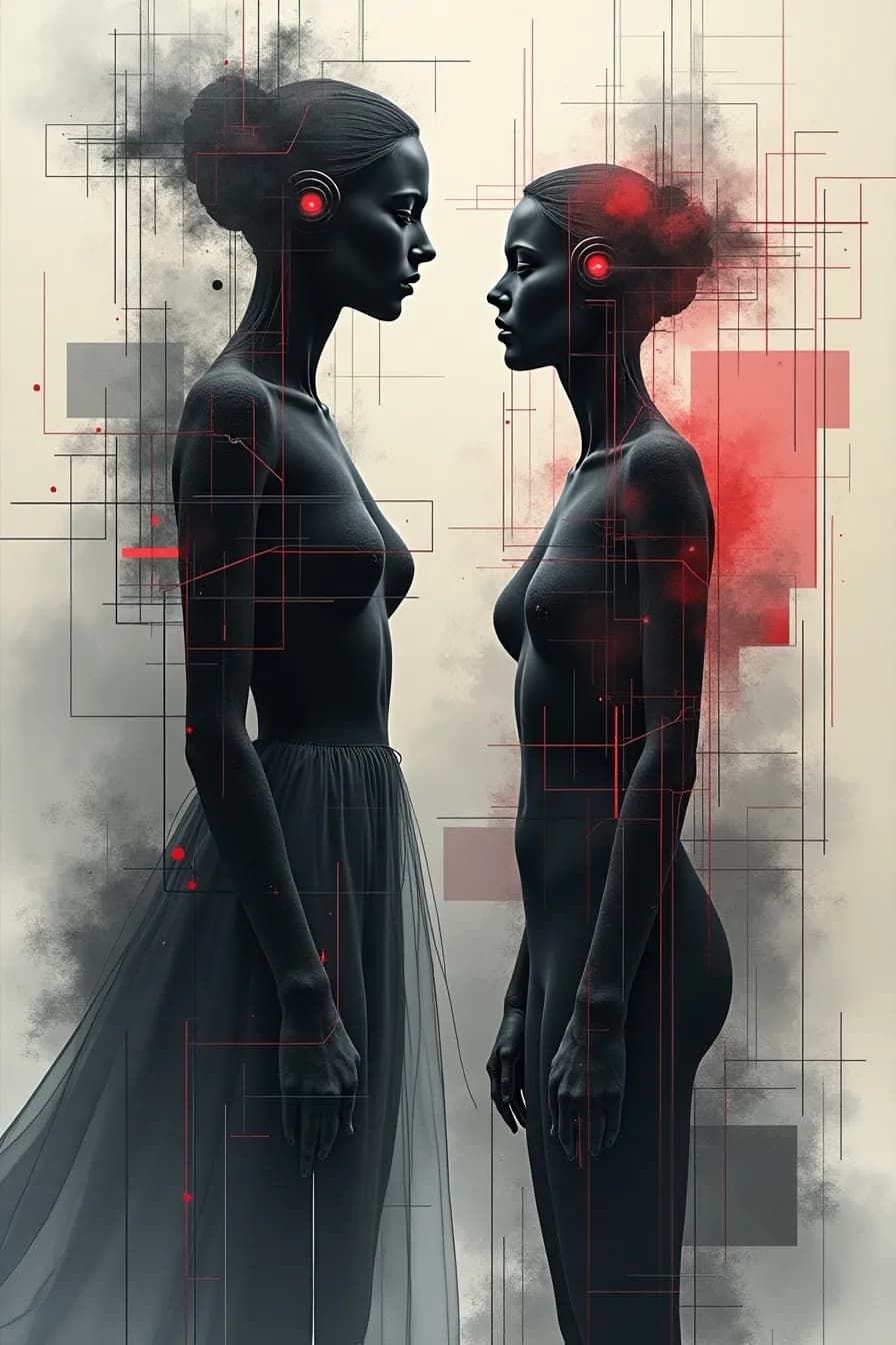 Duality in Monochrome: A Dance of Figures and Technology