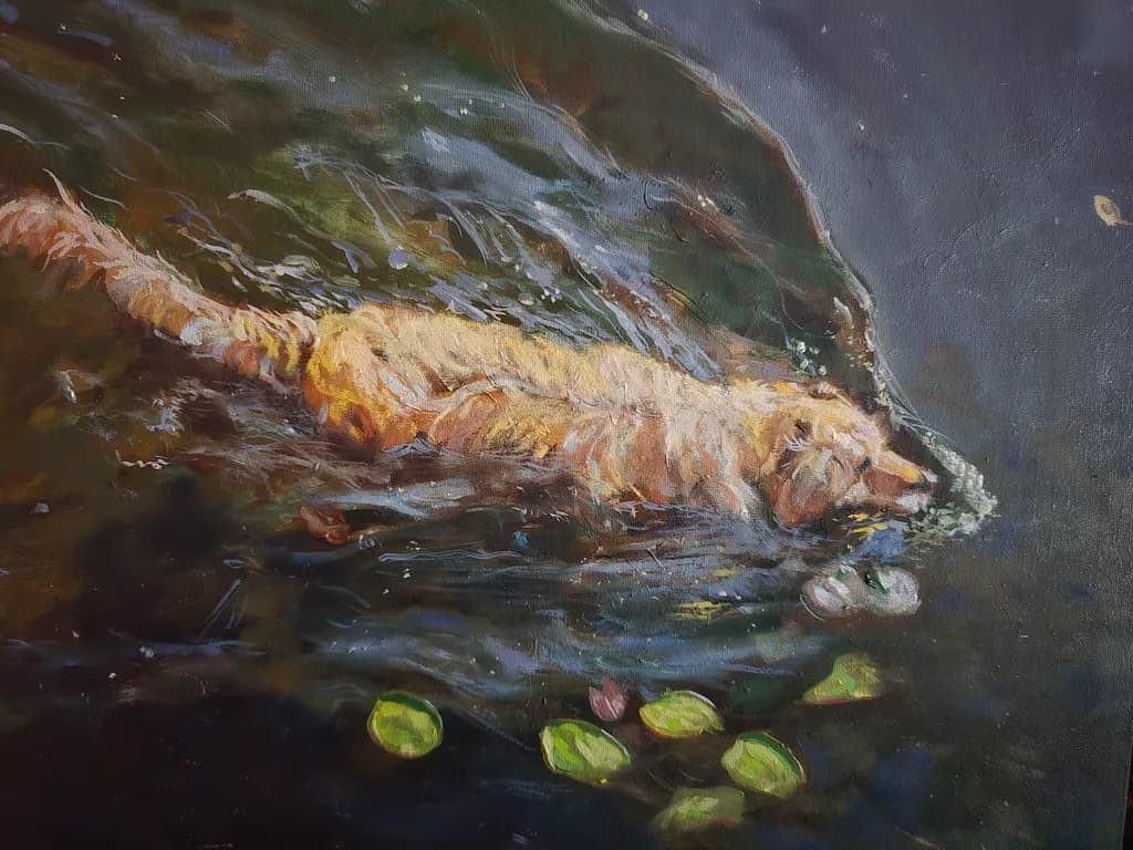 Whispers of Water: A Golden Canine's Enchanted Swim Through Nature's Embrace