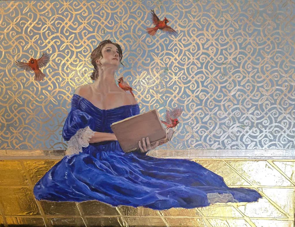 Whispers of Enchantment: A Dreamer in Blue Amongst the Birds