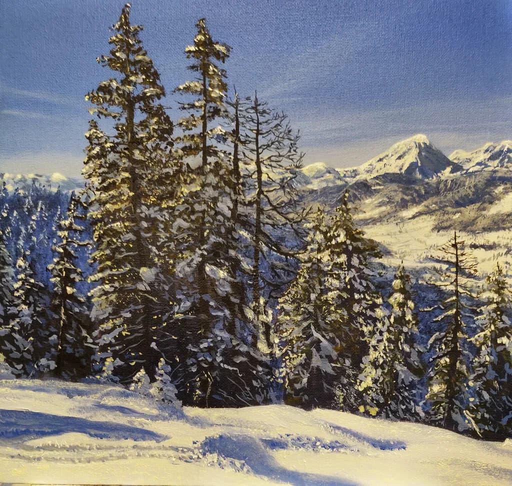 Whispers of Winter: A Serene Landscape of Snow-Capped Mountains and Majestic Pines