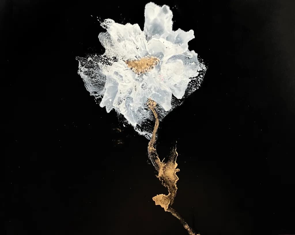 Ethereal Blossom: A Dance of Gold and White on Black Canvas