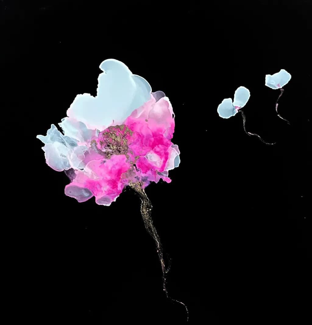 Whispers of Bloom: A Dance of Pink and Blue on Black Canvas