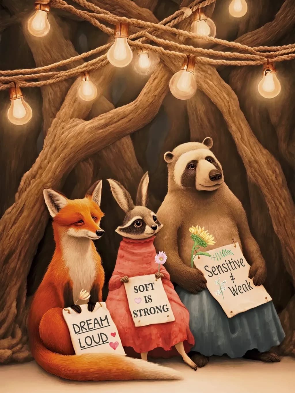 Whimsical Animal Friends: Embracing Sensitivity and Strength in a Dreamy Forest Setting