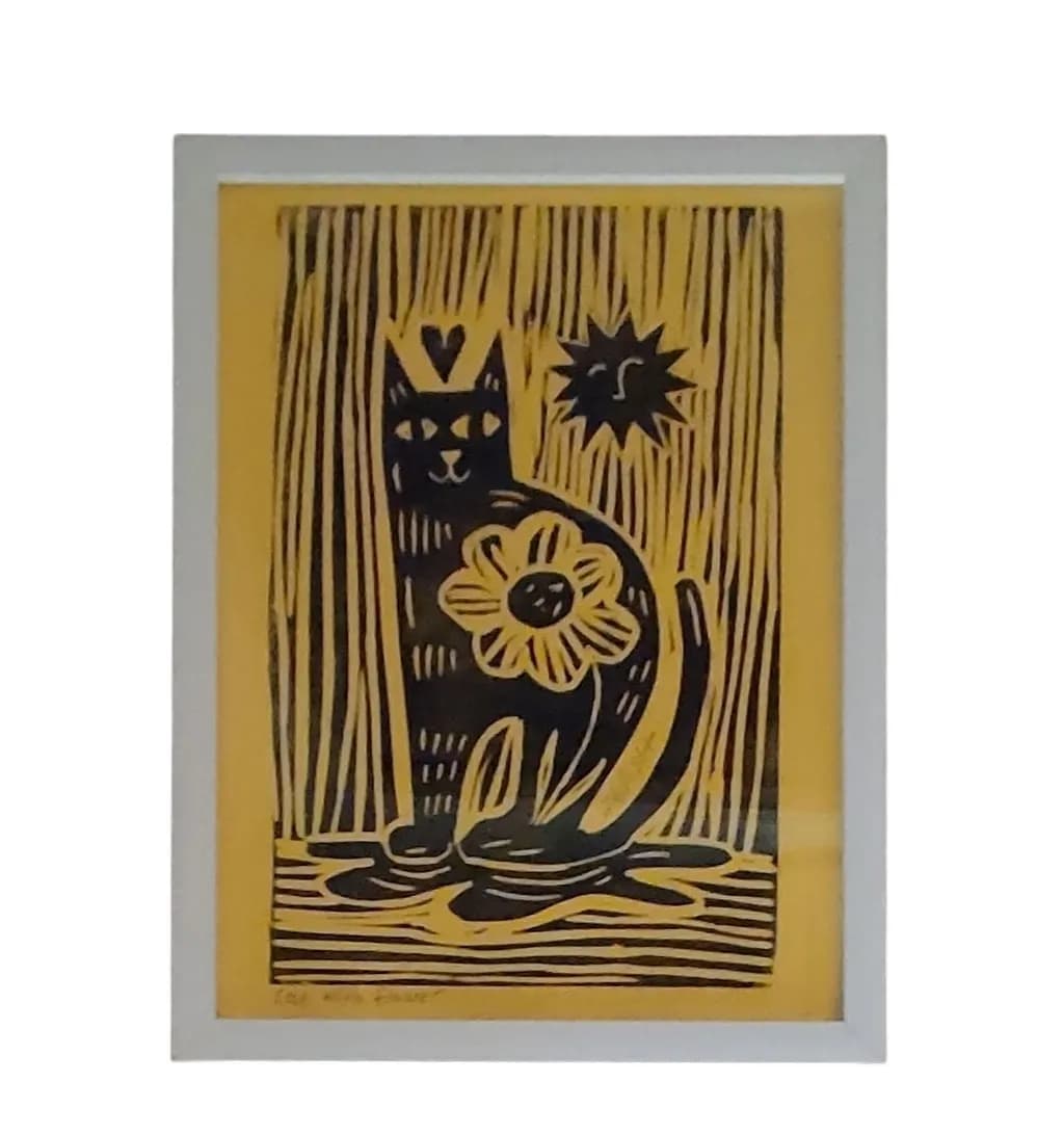 Whimsical Yellow Cat with Flower: A Playful Print for Cat Lovers