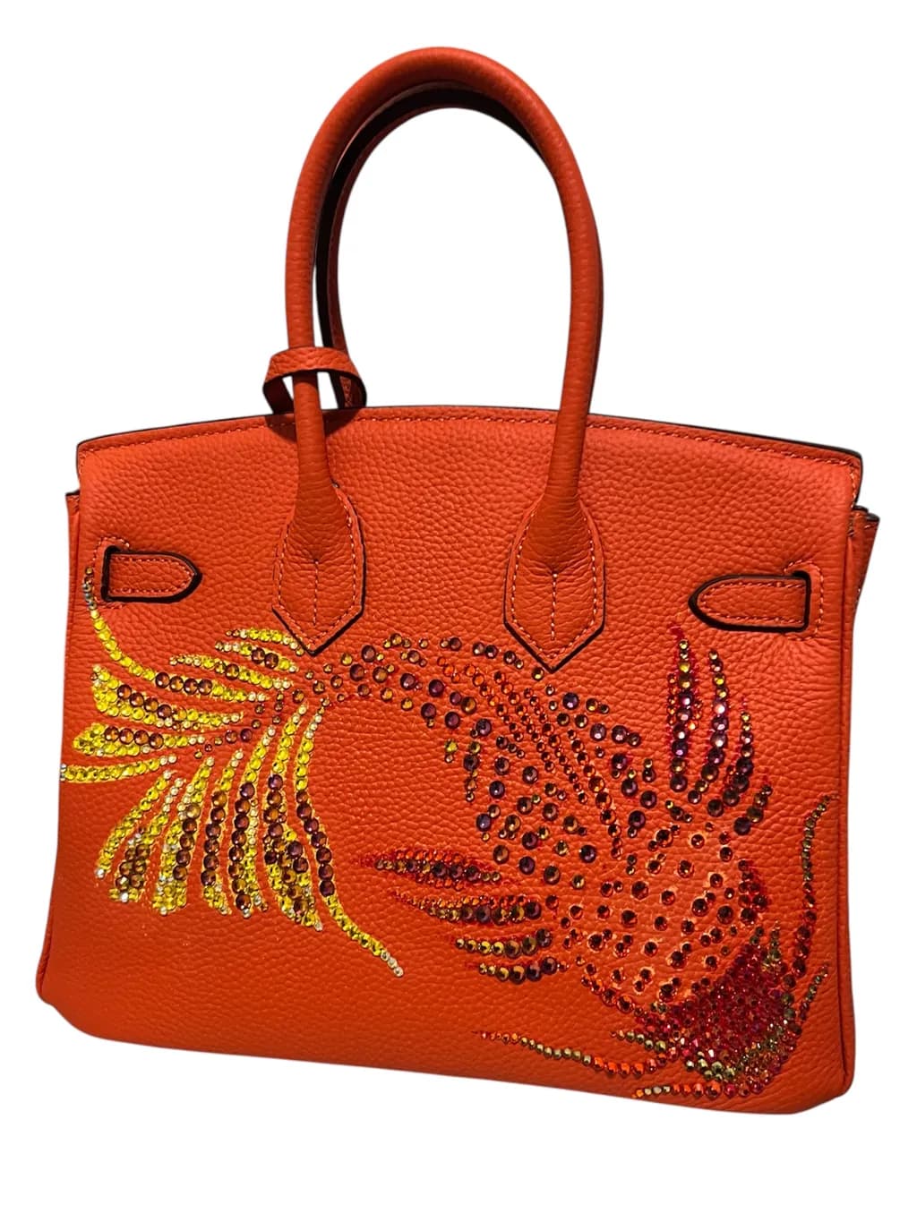 Vibrant Elegance: Handcrafted Orange Leather Bag with Dazzling Fish Design