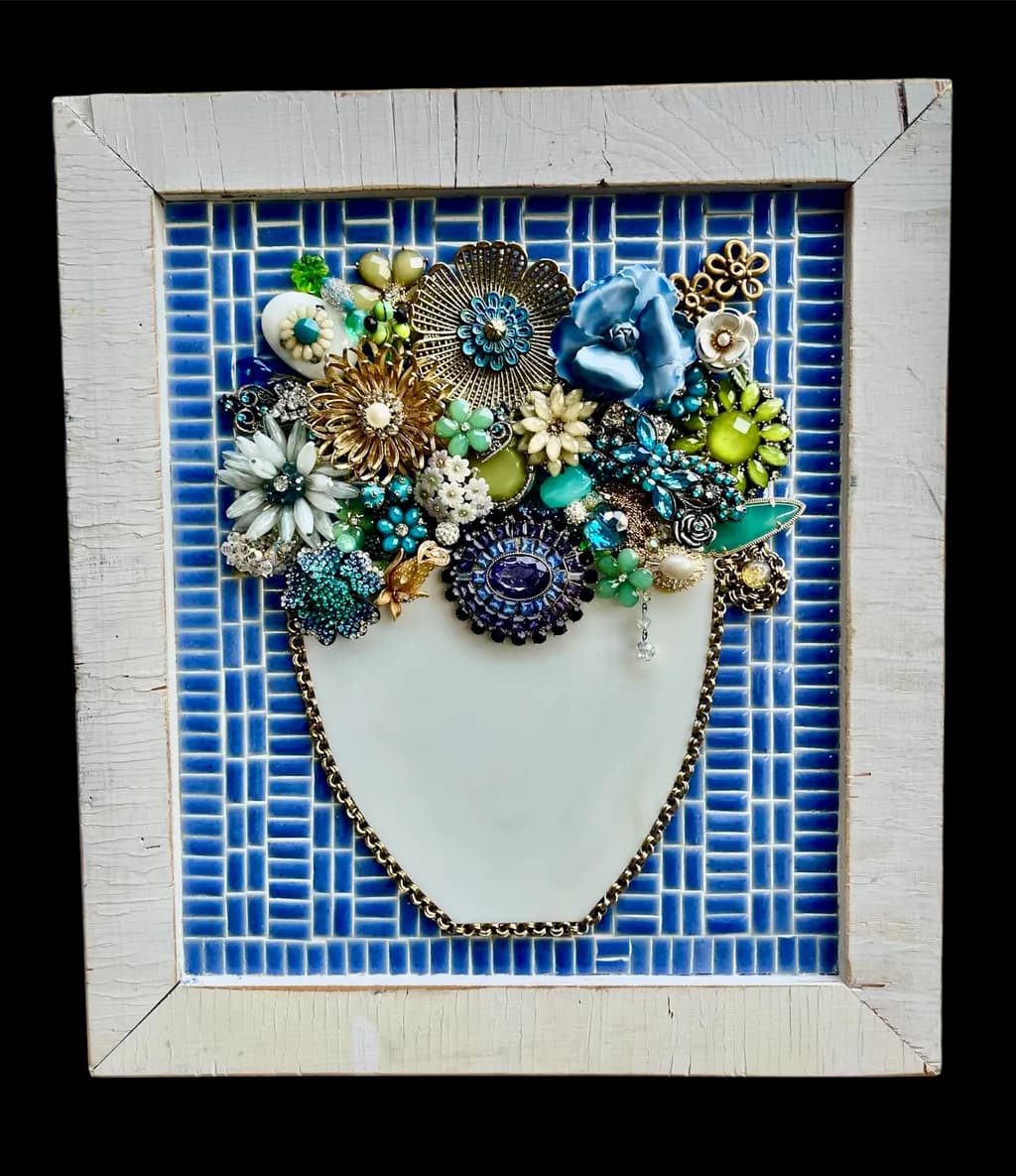 Whimsical Blue Floral Brooch Bouquet in Mosaic Frame