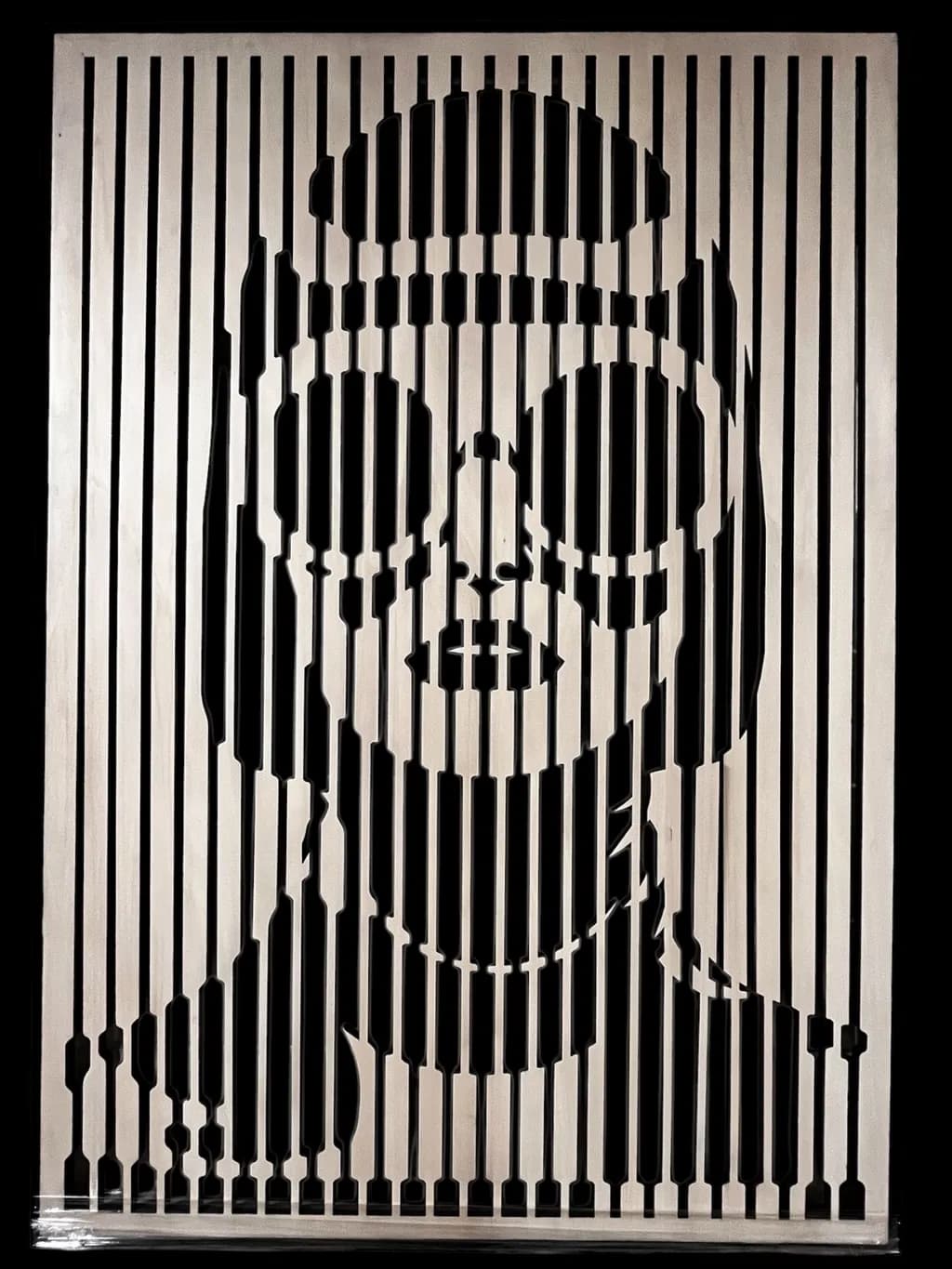 Whispers of Shadows: A Striking Wooden Portrait in Linear Elegance