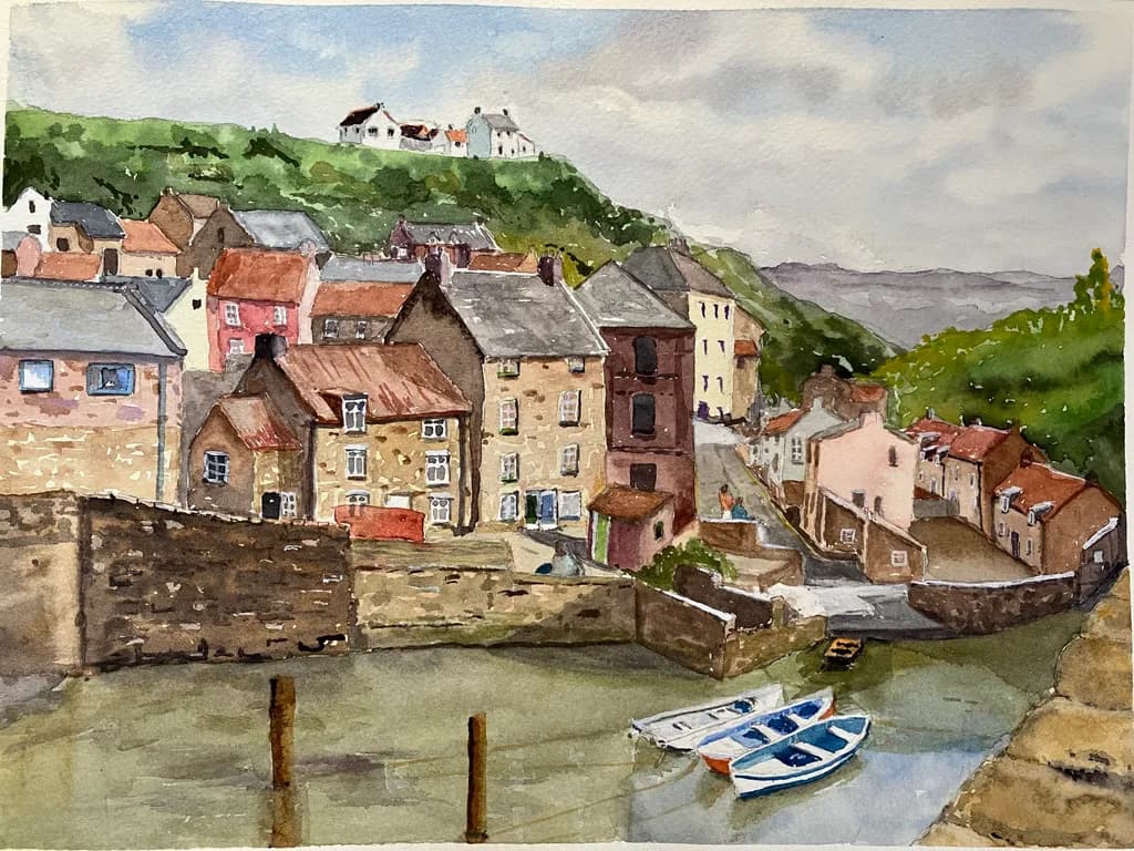 Whispers of a Coastal Village: A Serene Watercolor Landscape with Boats and Charming Architecture