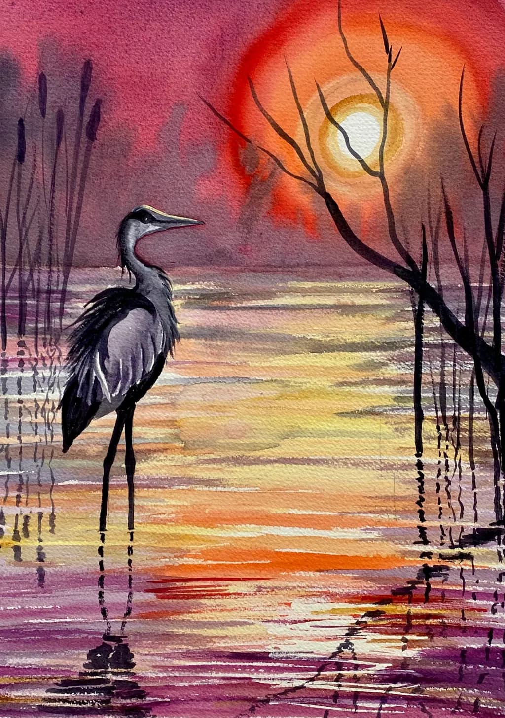 Whispers of Dawn: A Serene Heron at Sunrise Over Tranquil Waters