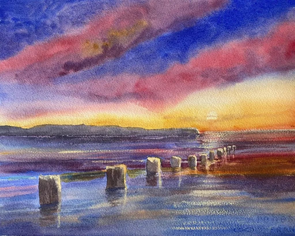 Serene Sunset Reflections: A Watercolor Landscape of Tranquility