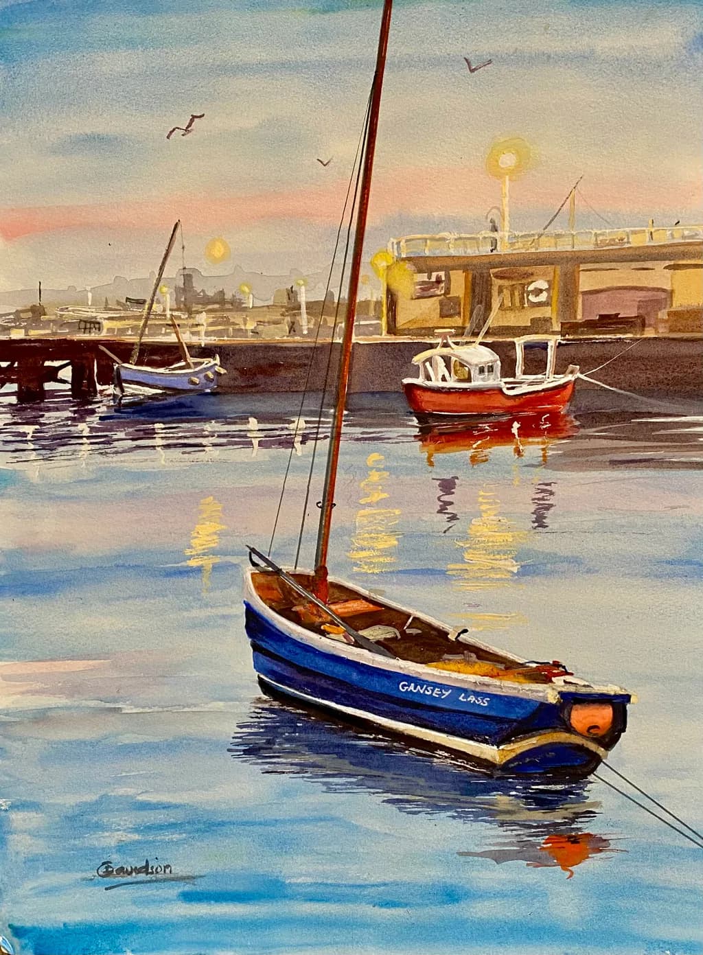 Serenity at Dusk: A Tranquil Harbor Scene with the Gansey Lass