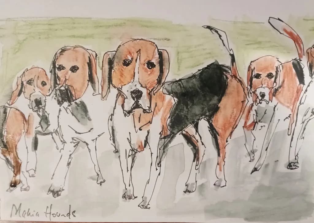 Beagle Brigade: A Whimsical Sketch of Playful Pups in Motion