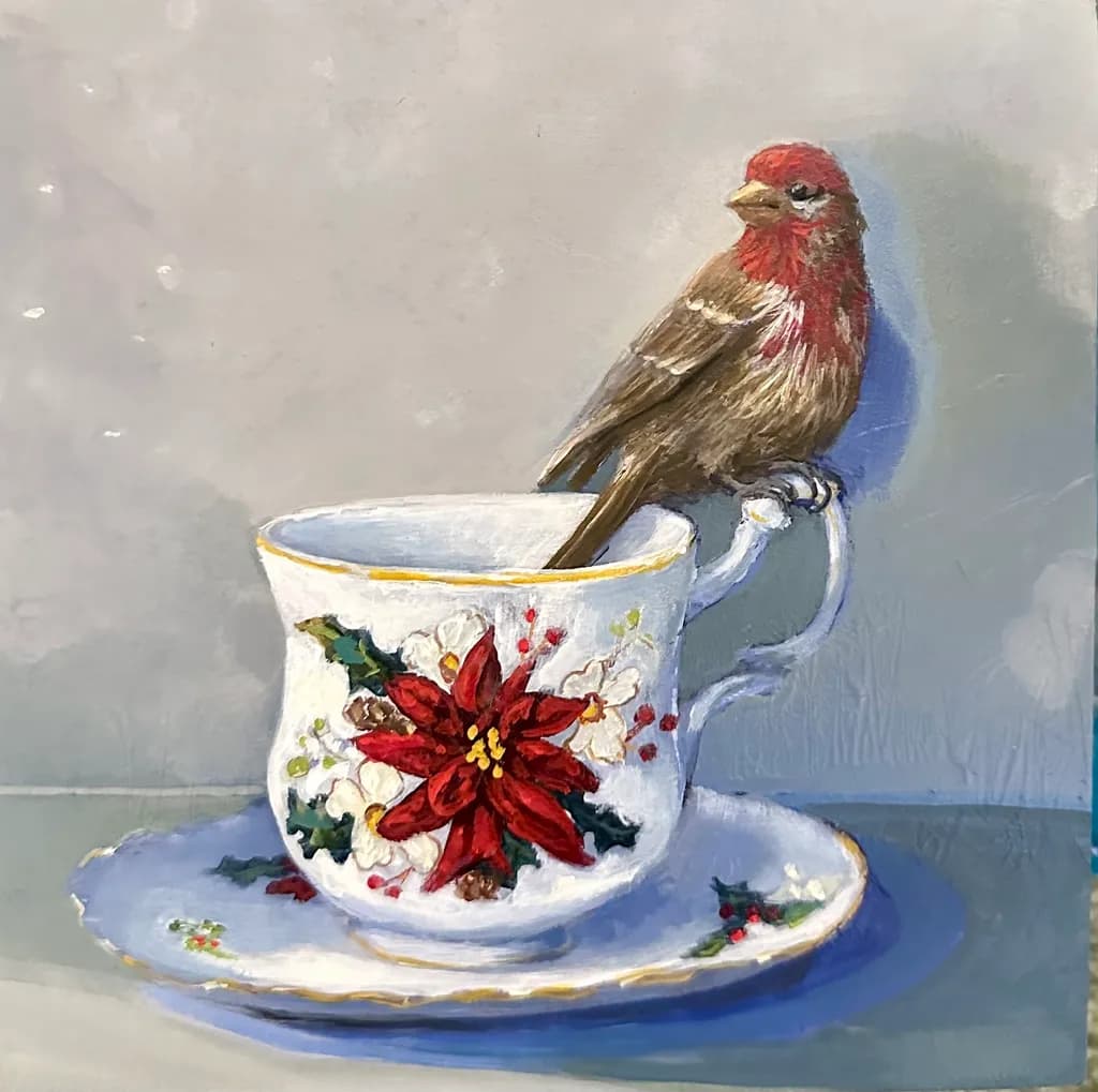 Whimsical Winter: A Bird's Delight in a Festive Teacup