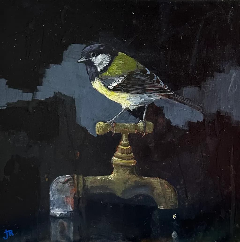 Whimsical Watering: A Bird's Perch on a Golden Tap