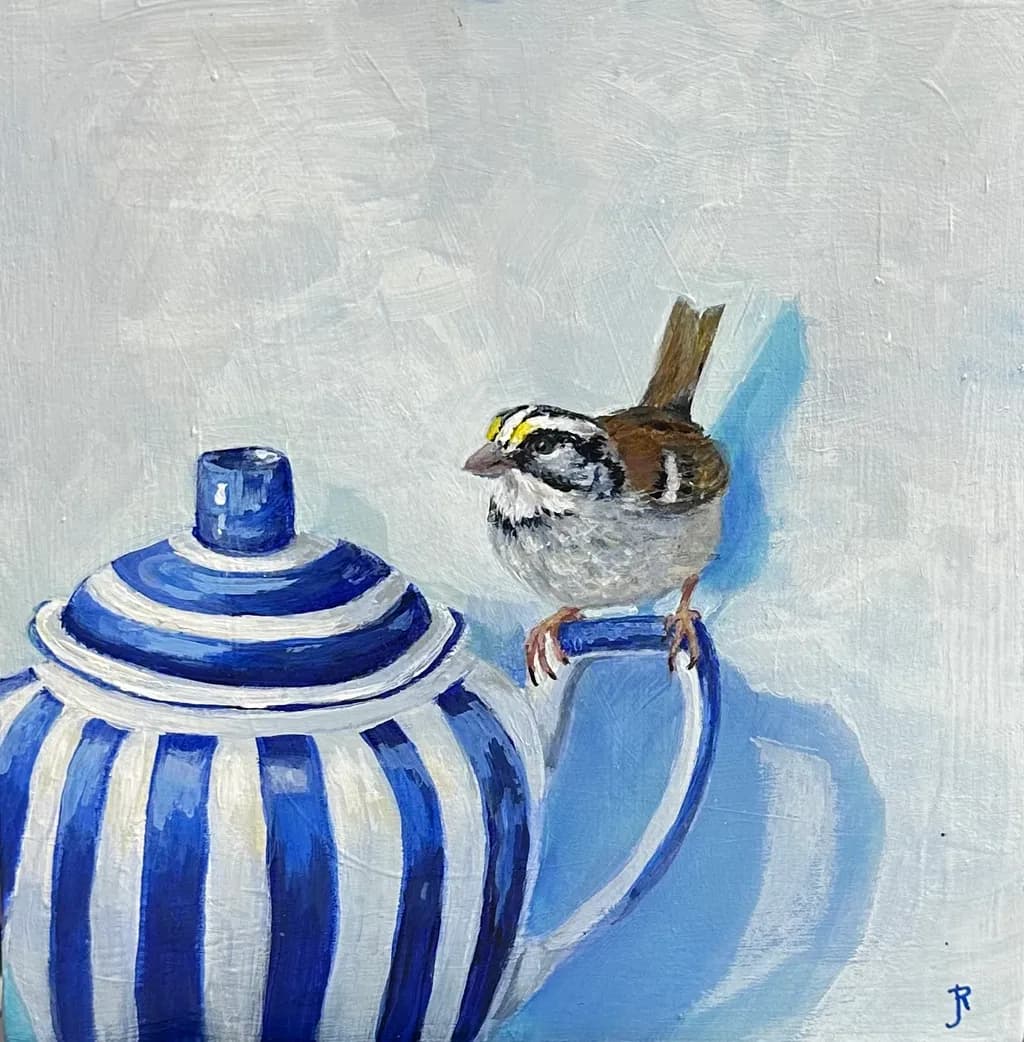 Whimsical Harmony: A Blue Striped Teapot and a Curious Bird in Still Life Serenity