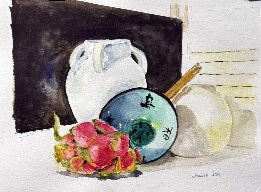 Vibrant Harmony: A Watercolor Still-Life of Pottery and Fruit