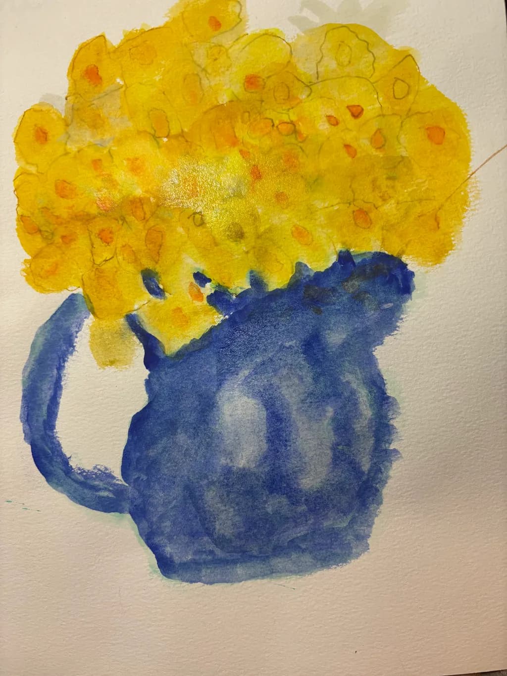 Sunlit Blooms: A Vibrant Watercolor Still Life of Yellow Flowers in a Blue Pitcher
