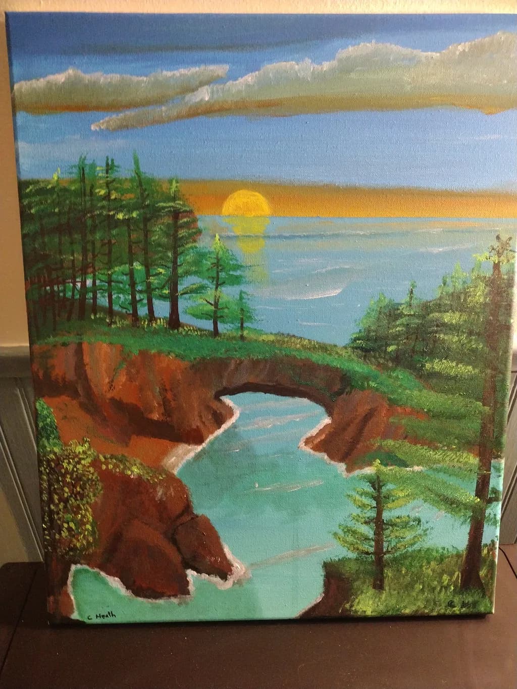 Serene Sunset Over Tranquil Waters: A Coastal Landscape Painting Capturing Nature's Beauty