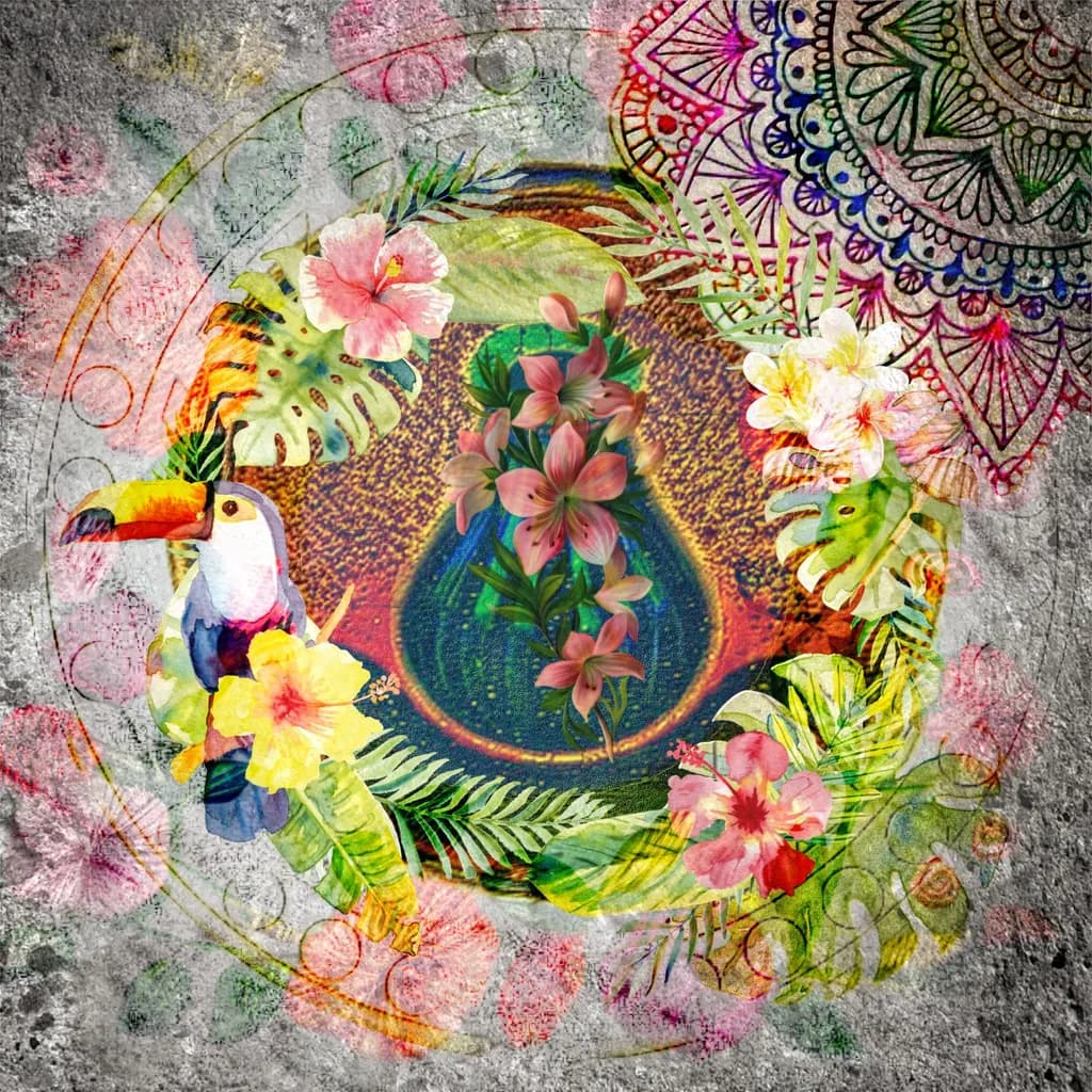 Tropical Harmony: A Vibrant Fusion of Flora and Fauna in a Colorful Mandala Design