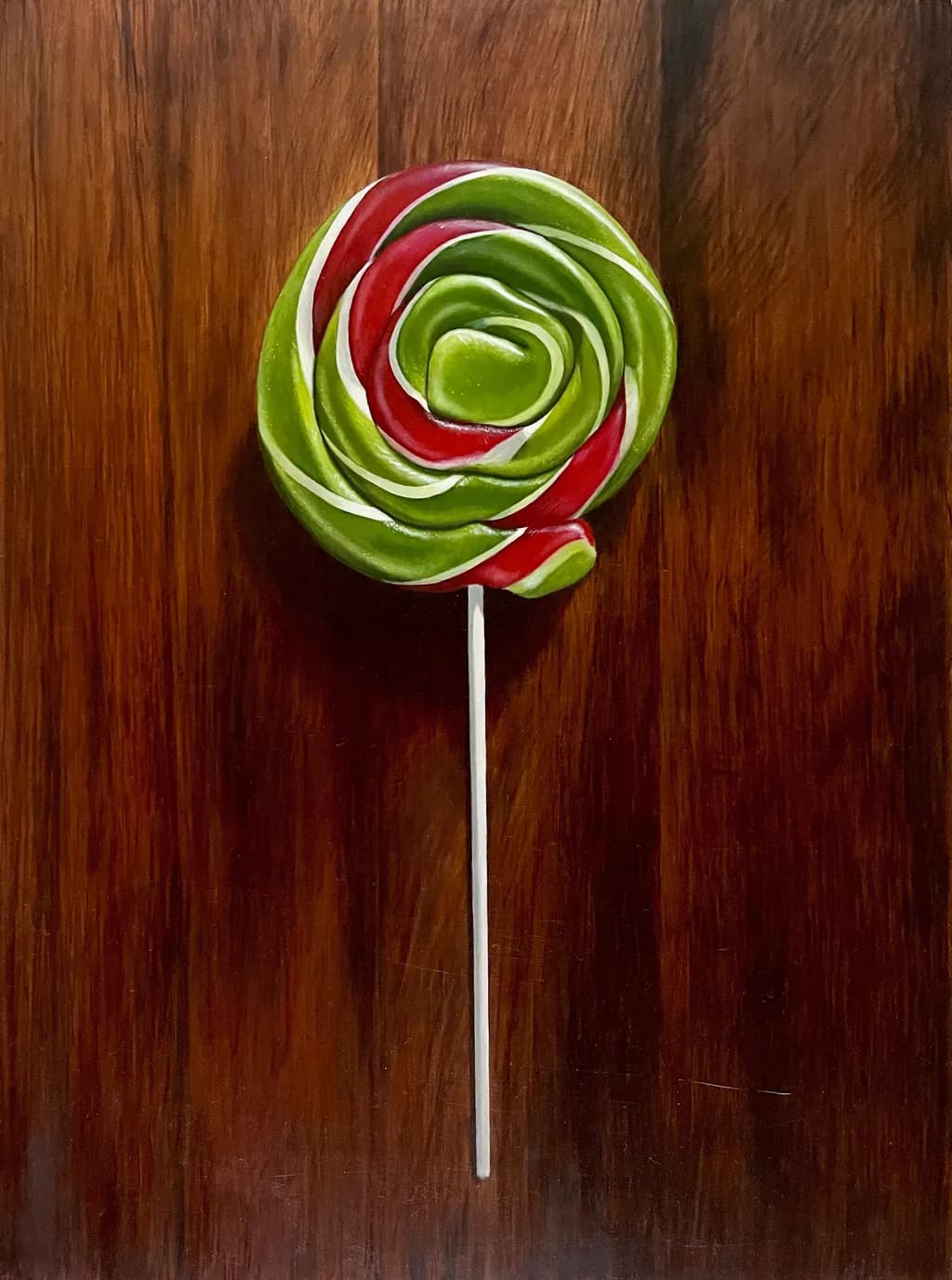 Whimsical Swirl: A Lollipop Delight on Rich Wood