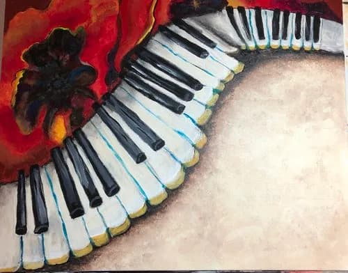 Melodic Blooms: An Abstract Symphony of Colorful Flowers and Piano Keys