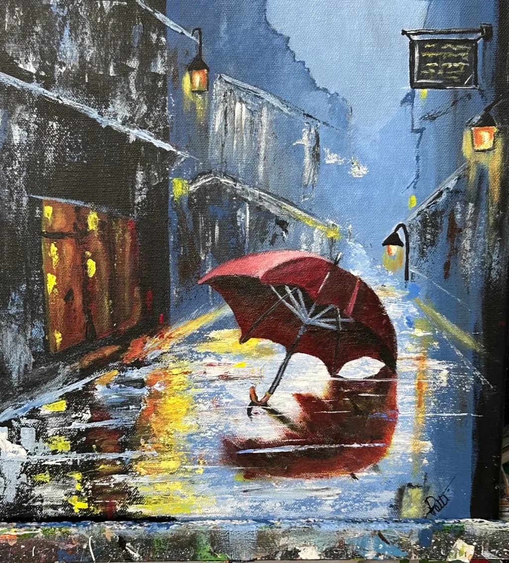 Whispers of Rain: A Serene Stroll Under the Red Umbrella in a Misty Alleyway