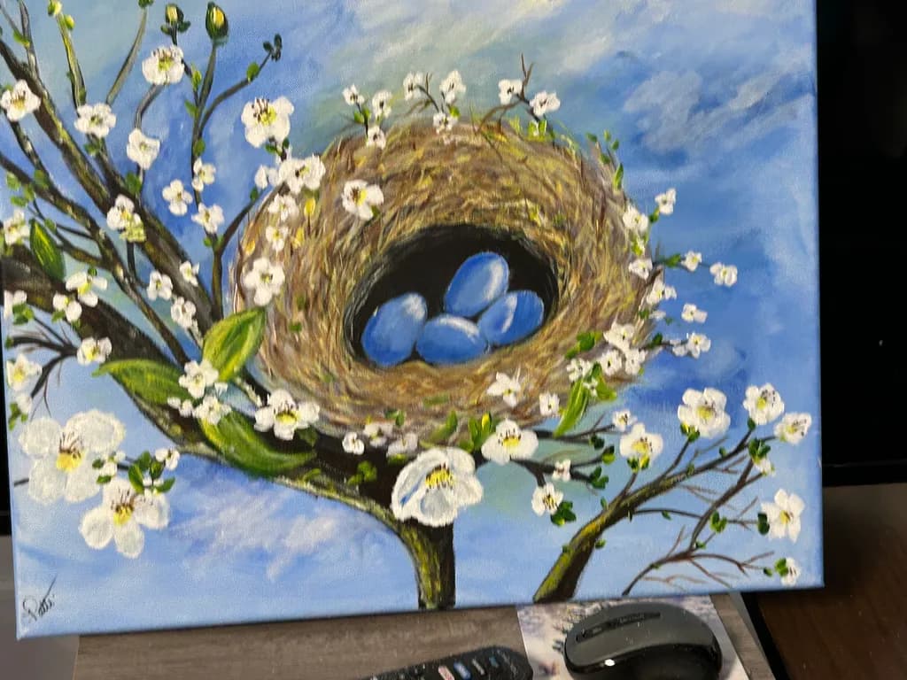 Whispers of Spring: A Nest of Blue Eggs Amidst Blossoming Flowers