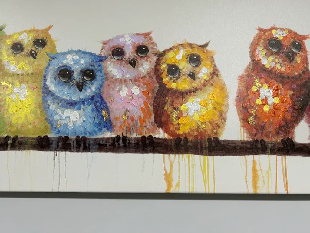 Whimsical Owls: A Colorful Gathering of Playful Friends on a Branch
