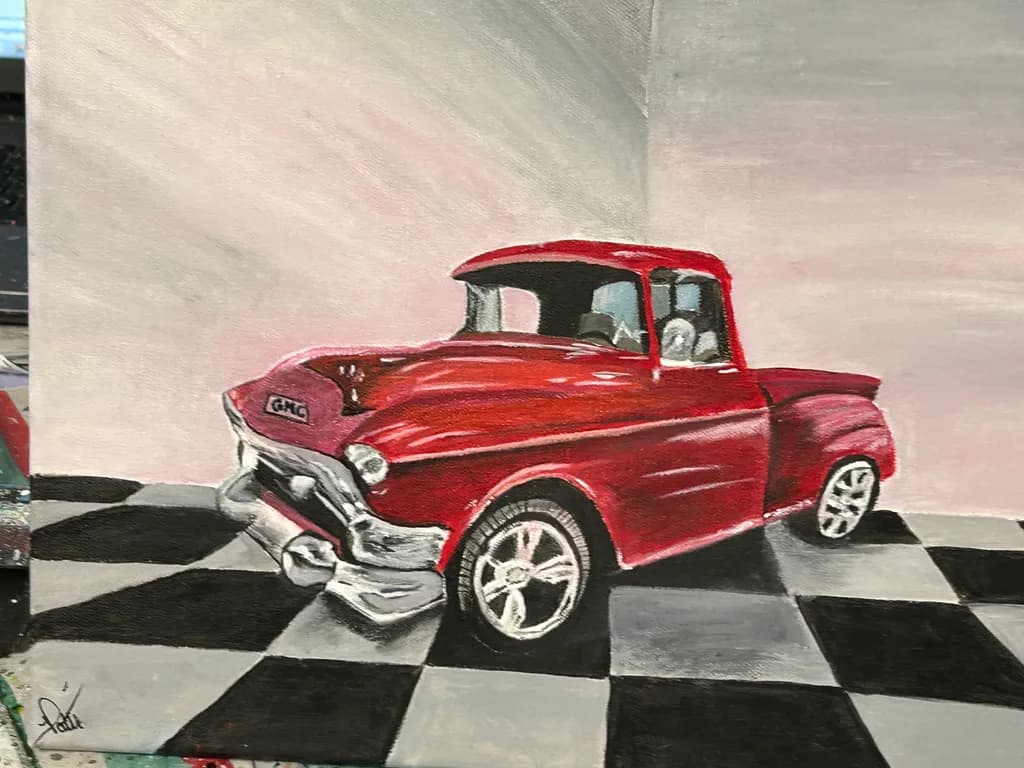 Classic Red Dream: A Vintage Car on Checkered Canvas
