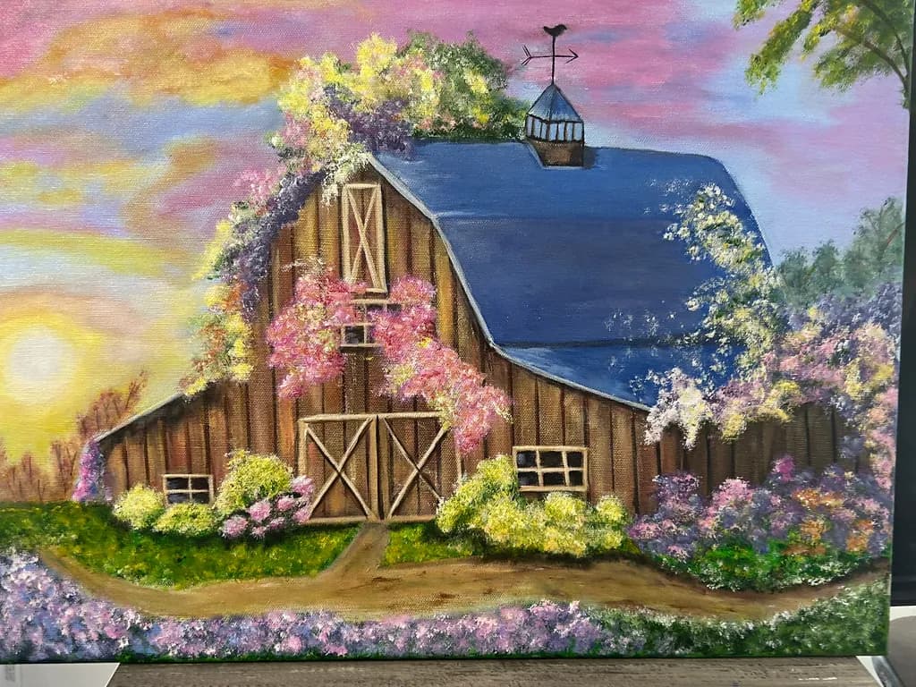 Whispers of Spring: A Vibrant Barn Landscape Awash in Floral Splendor