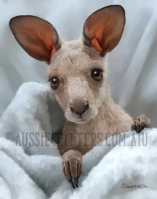 Whimsical Embrace: A Tender Portrait of a Baby Kangaroo Wrapped in Softness