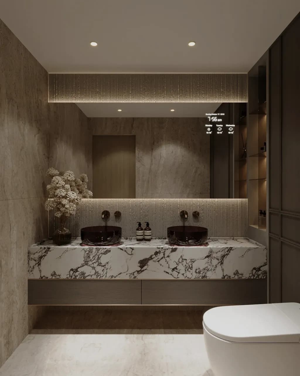 Elegant Serenity: A Modern Bathroom Oasis with Marble Accents and Ambient Lighting