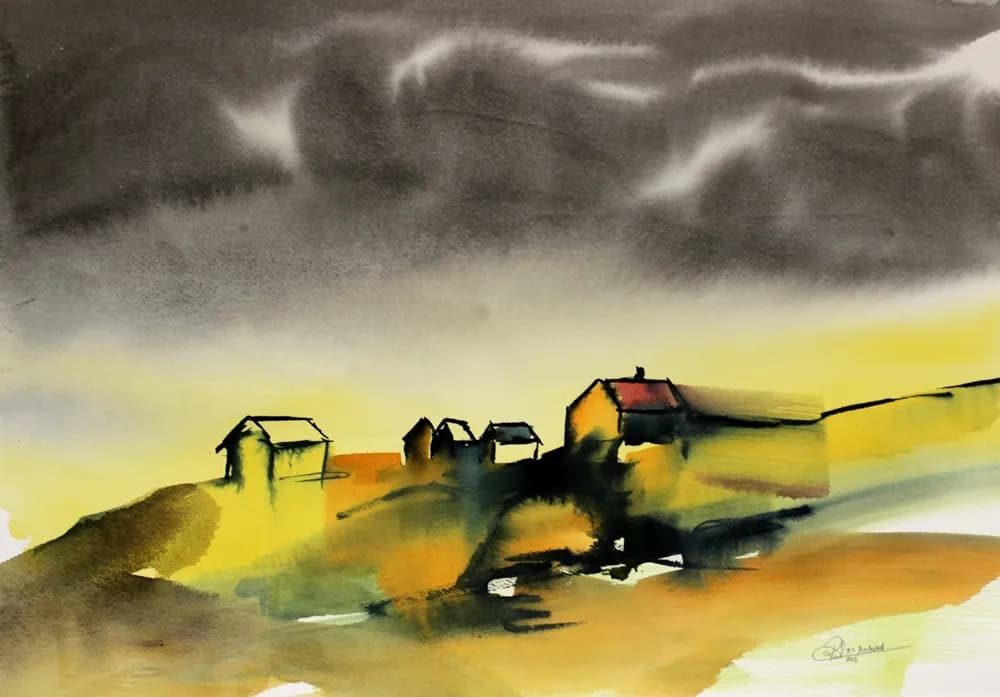 Whispers of Dusk: A Serene Village Under Stormy Skies