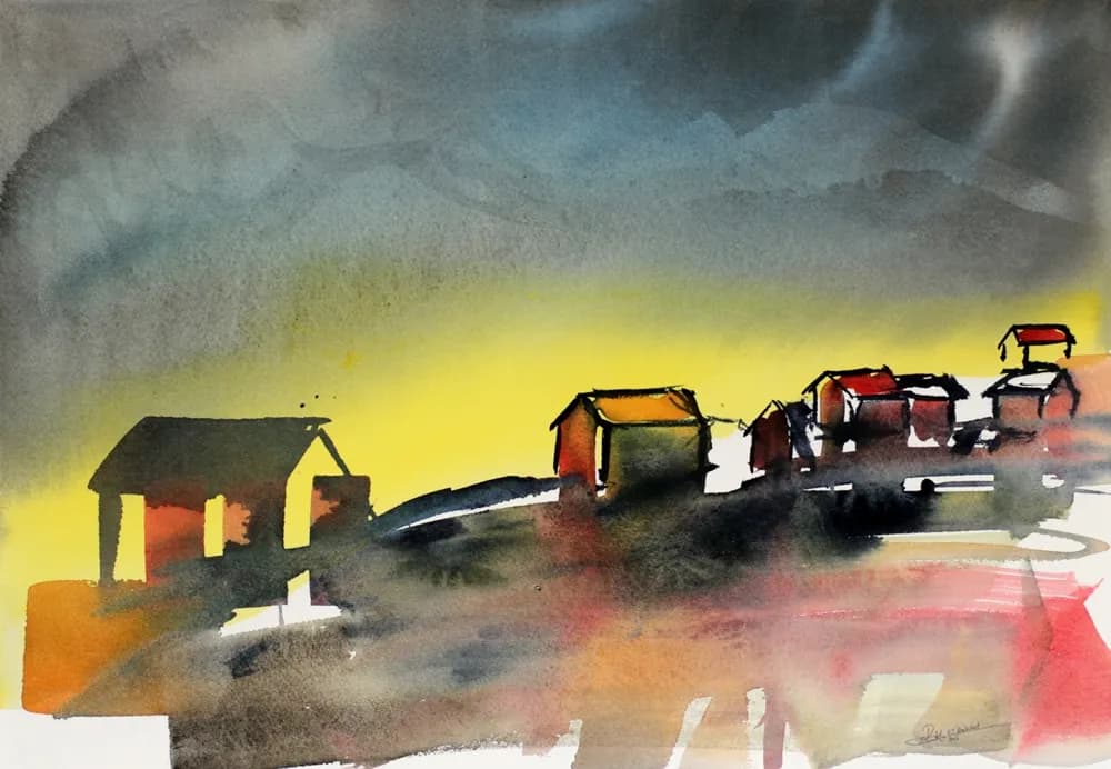 Whispers of Dusk: A Serene Village Landscape in Watercolor