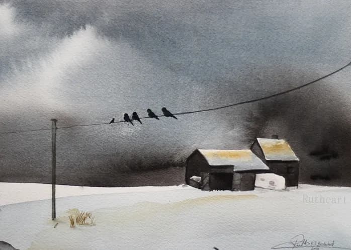 Whispers of Winter: A Serene Landscape with Birds on a Wire