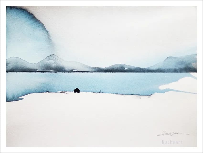 Whispers of Tranquility: A Serene Watercolor Landscape with Mountains and Solitude