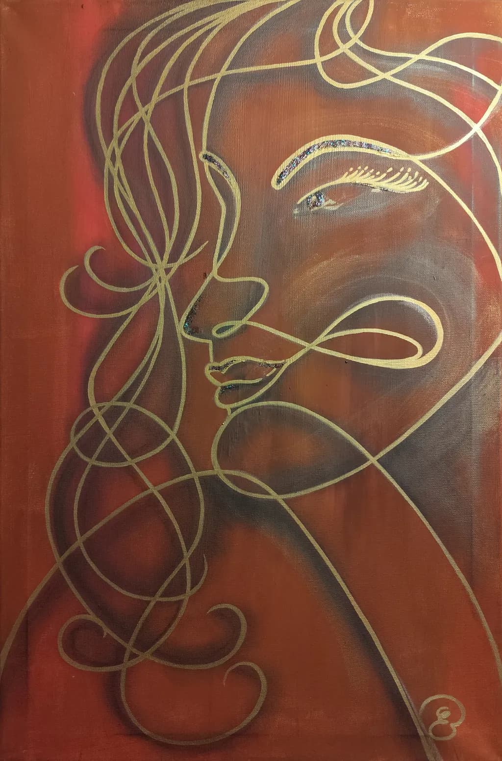 Whispers of Elegance: A Golden Line Portrait on Fiery Canvas