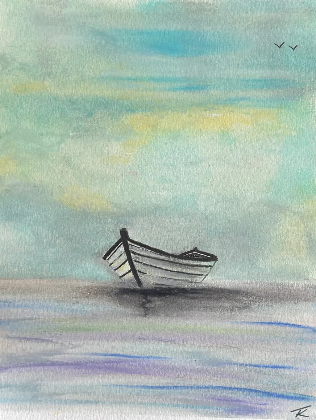 Serene Waters: A Tranquil Reflection of Sky and Boat in Watercolor Bliss