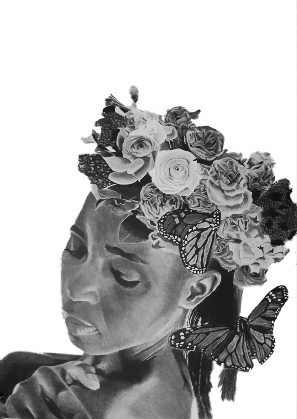 Whispers of Nature: A Monochrome Portrait of Delicate Beauty with Floral Elegance and Butterflies