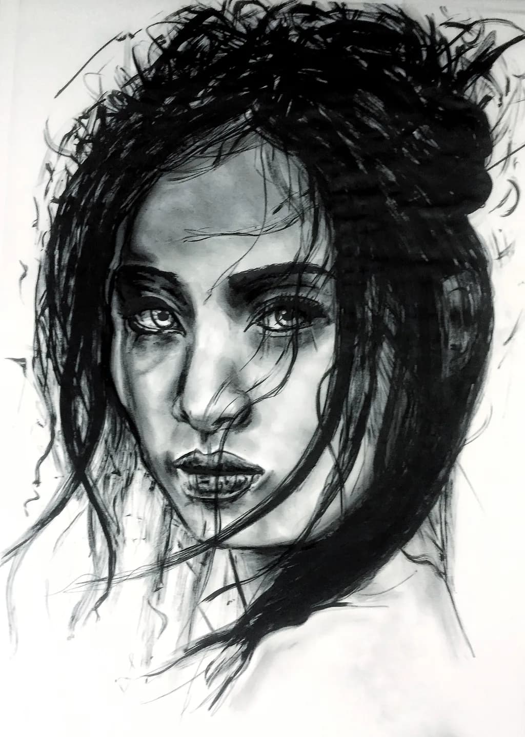 Whispers of Emotion: A Captivating Portrait in Charcoal and Ink