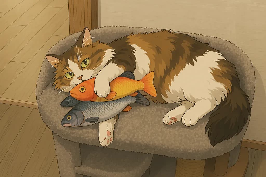 Whiskered Dreams: A Cozy Cat's Delight with Fish Companions