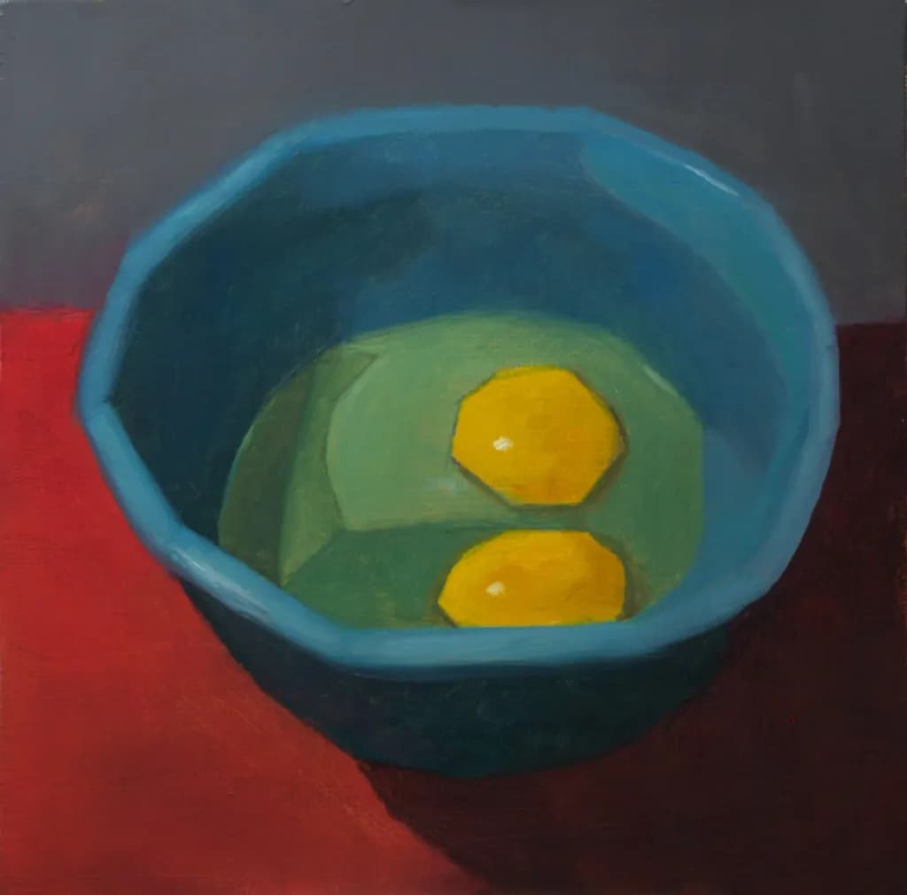 Golden Whispers: A Still Life of Eggs in a Turquoise Bowl