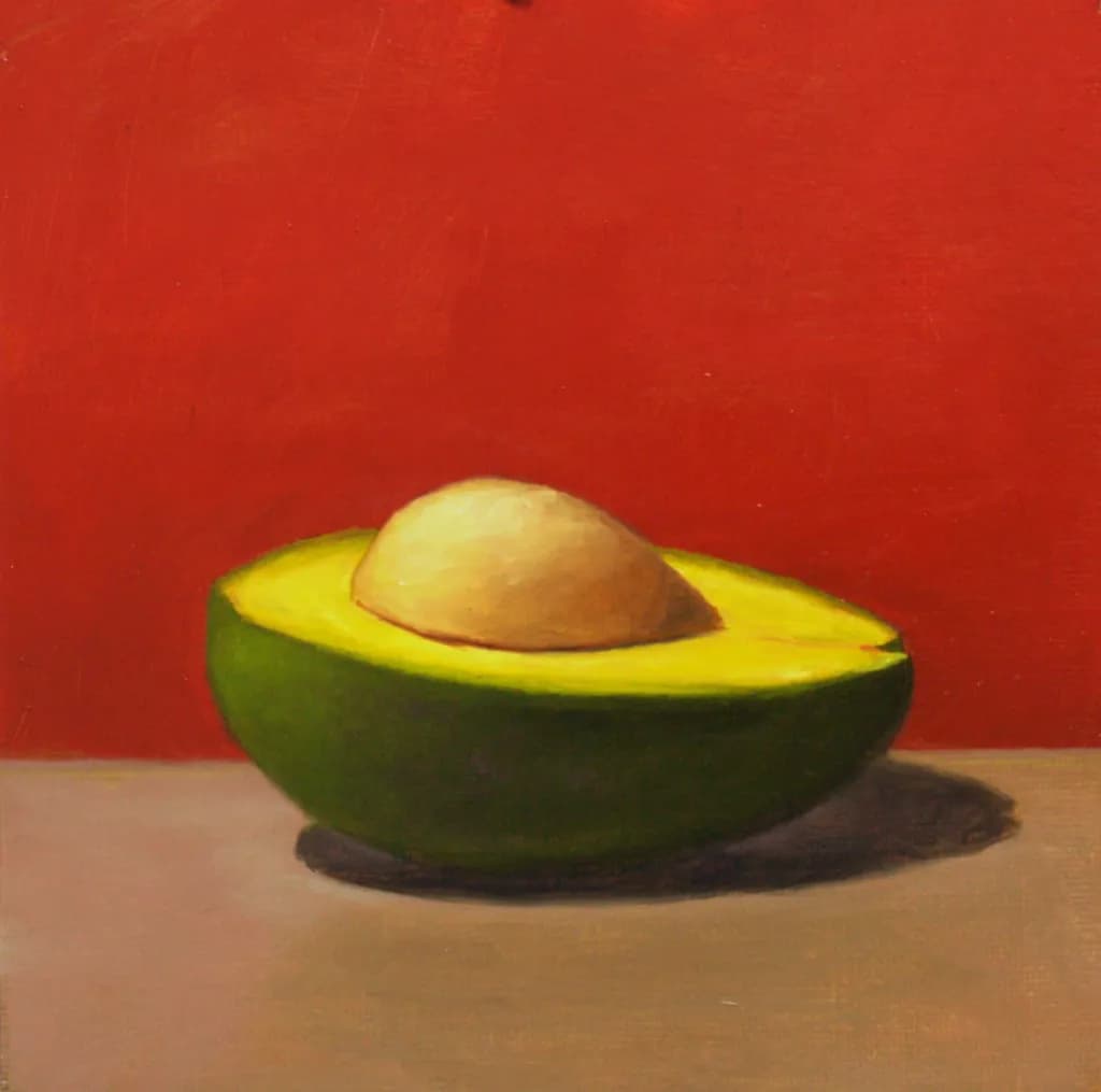 Avocado Serenity: A Vibrant Still Life on a Bold Red Canvas