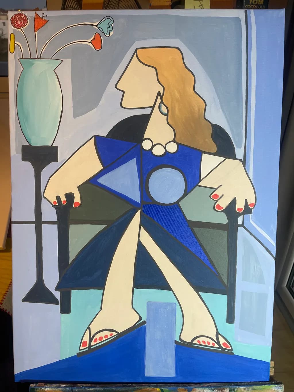 Elegant Solitude: A Modern Woman in Blue and Geometric Harmony