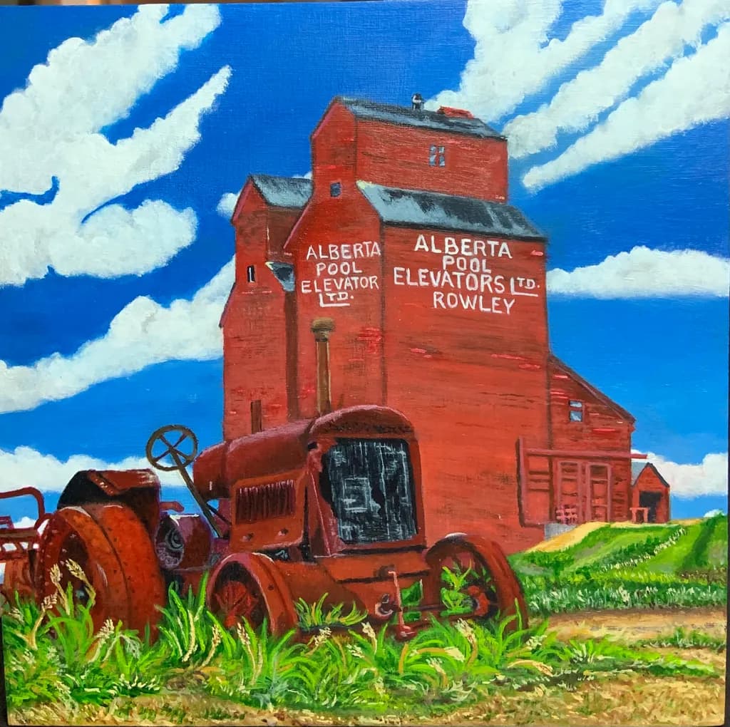 Rustic Reflections: The Alberta Pool Elevator and Vintage Tractor in Vibrant Blue Skies
