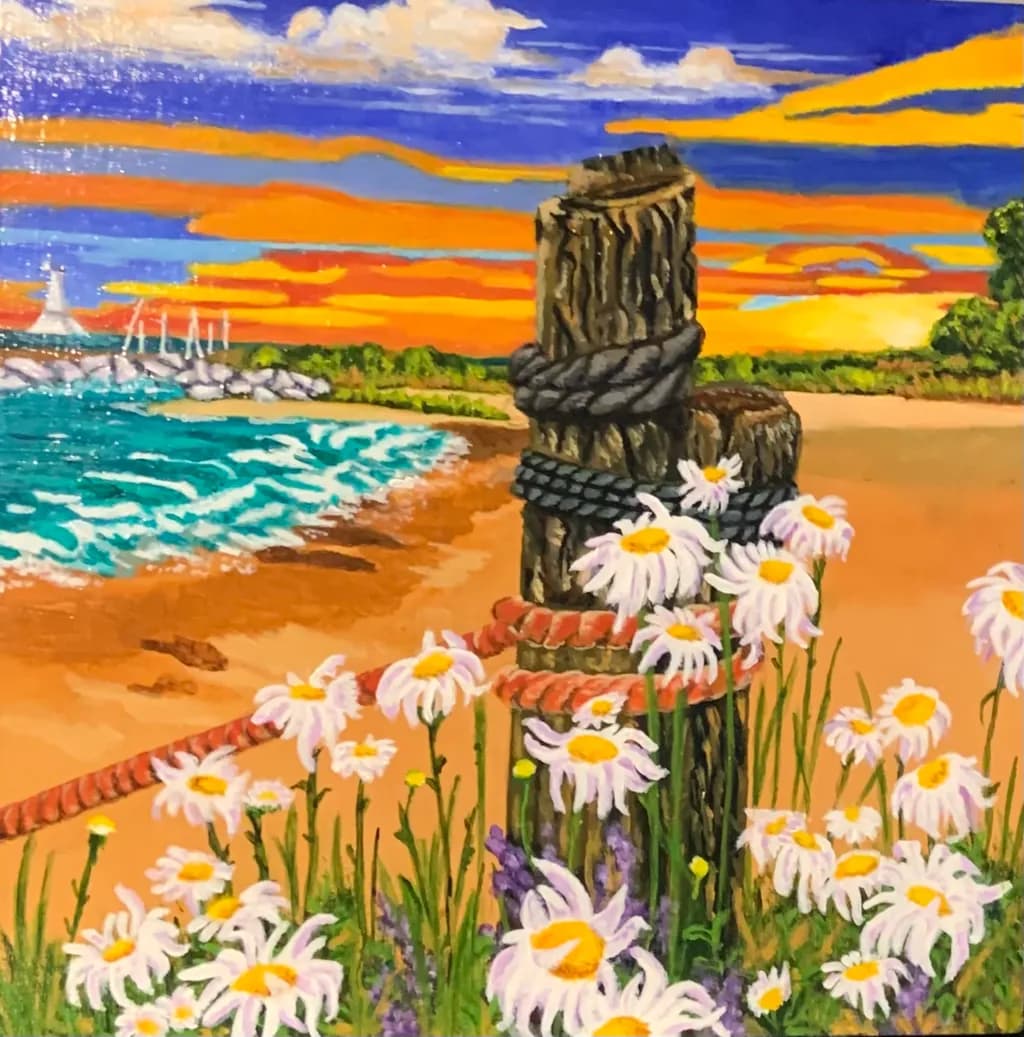 Serenity at Sunset: A Coastal Dreamscape with Daisies and Driftwood