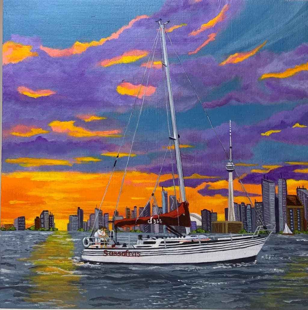Sailing into the Sunset: A Vibrant Cityscape Reflection