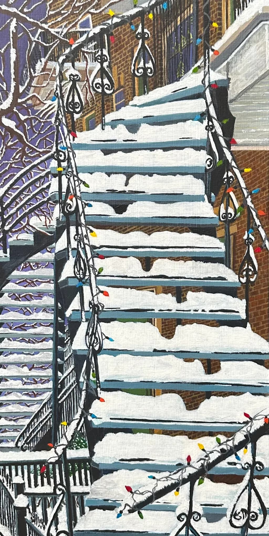 Winter's Embrace: A Snowy Stroll Up the Twinkling Stairs